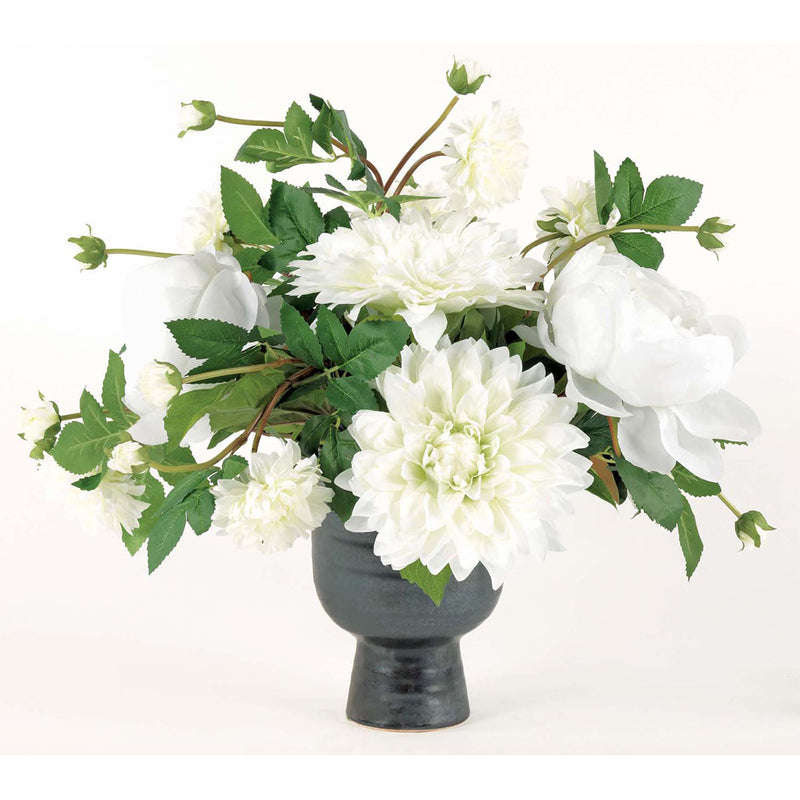 N14A21 White Dahlia Centerpiece In Large Black Urn - Nabco Furniture Center